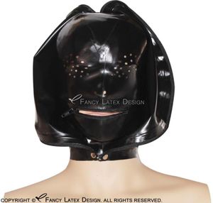 Accesorios de disfraz con capucha de látex sexy negra con cremallera en la boca y abertura en la nariz con cremallera en la parte posterior máscara de goma 00604875858