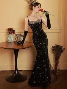 Negro brillante sirena vestidos de noche con lentejuelas ostentosos correa de espagueti abertura lateral noche Club fiesta Sexy encantador celebridad vestidos de graduación