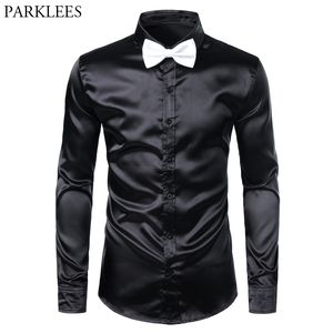 Chemise de robe en satin de soie noire avec noeud papillon blanc Slim Fit manches longues hommes chemises habillées Club Party mariage mâle smoking chemise 3XL 210522