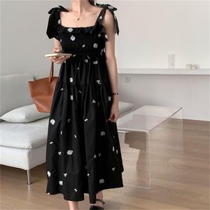 Noir Slim Prom Loose A-Line Sexy Slip Dress Femme Party Florals Chic All Match Robes Longues Vestidos 210525