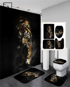 Juego de cortinas de ducha con estampado de animales de tigre negro, pantalla de baño, cubierta antideslizante para tapa de inodoro, alfombras, cocina, decoración del hogar 27510566
