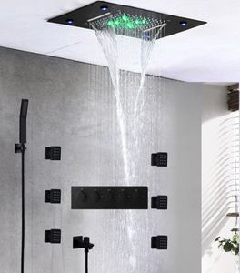 Ensemble de douche cascade noire, panneau de douche de plafond de massage, bain thermostatique à LED, salle de bains, jets de corps de 2 pouces, kit de douche à main pluie 2369296