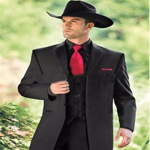 Black Western Tuxedos Cowboy Slim Fit Traje de novio negro Traje de boda para hombres Traje de fiesta 3 piezas Chaqueta Pantalones Vest205p