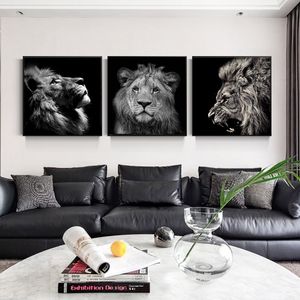 Cuadros de león blanco y negro, pinturas de arte de pared para sala de estar, impresiones en lienzo, decoración moderna de animales, sin marco