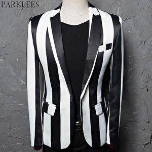 Veste de blazer à rayures noir blanc homme marque un bouton slim club bar costume veste veste mâle de rock and roll costumes 210522