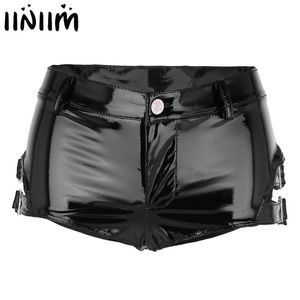 Negro para mujer brillante pantalones cortos de cuero de baja altura pole dance pantalones cortos de látex clubwear rave sexy bragas cremallera mini botín 210724