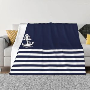 Mantas náuticas rayas azul marino y ancla blanca polar manta suave multifunción para el hogar dormitorio colcha mantas
