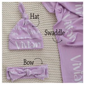 Blankets Swaddling LVYZIHO Personalized Jersey Swaddle Set Baby Name Hat Bow Choose Colors and Font 230526