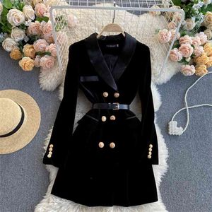 Blazer Coat Women Velvet Suit Jacket Winter Double Breasted Long Sleeve Ladies Black Belt Slim Outwear 210514