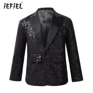 Blazers 2022 Kids Boys Costume Formal Sequins Lapon Bouton Single Bouton Veste Veste Blazer Tuxedo Banquet de mariage Party Performance sur scène