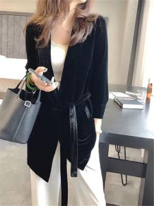 Blazers 2023 Spring automne Nouvelle veste de Blazers Velvet Women's Velvet With Sashes Femme Notched Office Office Ladies Coat Black Blazer