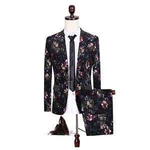 Blazers al por mayor (chaquetas+pantalones) hombres conjuntos de traje de moda floral de forma delgada
