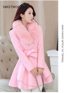 Mélanges d'hiver Femmes en laine Vobines extérieures grandes collier de fourrure volant femelle veste décontractée longue sweet preppy trench coat