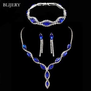 BLIJERY élégant bleu Royal cristal bijoux de mariage ensembles strass Long gland collier boucles d'oreilles Bracelet de mariée 240202
