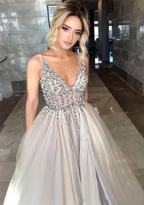 Bling Bling Crystal Evening Prom Dress Cuello en V profundo See Through Bust Backless Crystal Organza A line Cheap Red Carpet Celebrity Dress
