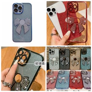 Bling Diamond Bowknot Cases pour iPhone 15 14 Plus 13 12 11 Pro Max Luxe Soft TPU Bow Glitter Sparkle Chromé Métallisé Clair Protecteur d'objectif d'appareil photo Couverture de téléphone à trou fin