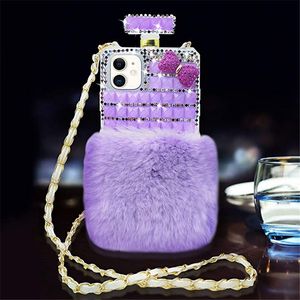 Étuis de bouteille de parfum avec chaîne en diamant scintillant pour Samsung S10 S9 S20 S21 Plus Ultra Note10 20 Lite Pro Rex, manches en fourrure de lapin, peluche avec bandoulière et lanière de cou