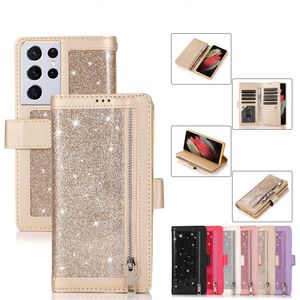 Étuis portefeuille en cuir scintillant pour Samsung S23 PLUS A13 A33 A53 5G S21 S22 Iphone 14 pro max 13 multifonction fermeture éclair ID 9 fentes pour cartes pochette à rabat