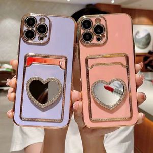 Bling Mirror Card Pocket Chromé Étuis pour iPhone 15 14 Pro Max 13 12 11 X XR 8 7 Plus Soft TPU Diamond Card Slot ID Heart Love Placage métallique Fine Hole Phone Back Cover