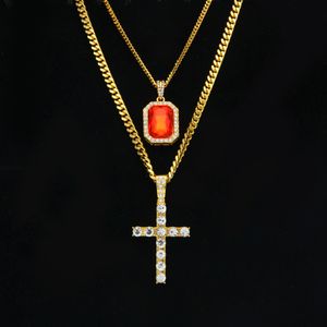 Pendentif croix en strass scintillant avec pendentifs en forme de rubis rouge, ensemble de colliers avec chaîne à maillons cubains de 3 mm et 5 mm