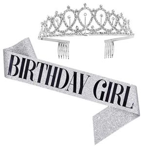 Bling Rhinestone Crystal Crown Tiara Birthday Anniversary Decoration Happy 18 21 30 40 50th Birthday Satin Sash Party Supplies Womens Girls Classic Decoration