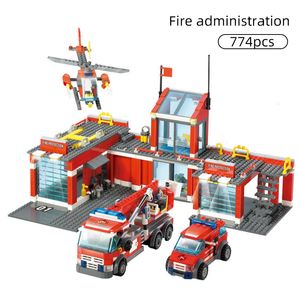 Bloques ciudad estación de bomberos modelo edificio coche helicóptero construcción bombero hombre camión iluminar ladrillos juguetes para niños chico 230325