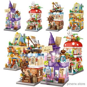 Bloques Vista de la calle de la ciudad Mini bloque de construcción Casa de setas de dibujos animados Casa Mágica Modelo de castillo 3D juguete ensamblado decoración del hogar regalo