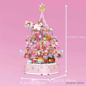 Blocs Arbre de Noël rose exquis avec blocs de puzzle en cristal, cadeau parfait pour garçons et filles, décoration de vacances avec de belles lumières