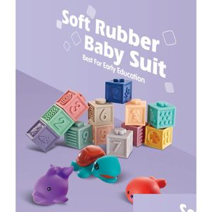 Bloques de baño de goma infantil Sile Building 0-3 años Apilamiento suave Animales 3D Toque Cubo Dientes Entrega de gota a mano Dhx8J