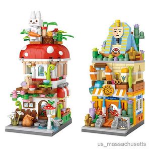 Bloques Escena de la calle de la ciudad en miniatura DIY Casa arqueológica náutica Mushroom Castle Modelo 3D Decoración Juguetes para niños Regalo de cumpleaños R230817