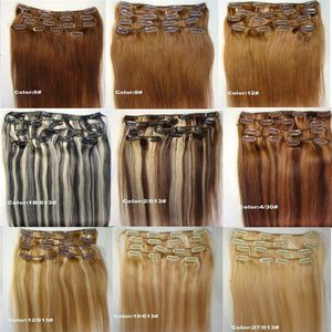 Extensions de Cheveux Humains à Clip Blond Noir Brun 15-22 pouces 70g/paquet Indien Brésilien Double Trame pour Tête Complète