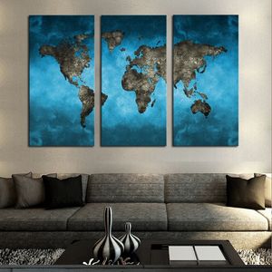 Bleu abstrait carte du monde 3 pièces KIT toile peinture moderne décoration de la maison salon chambre mur décor photo
