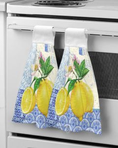 Toalla de mano de limón con mapa de textura de porcelana azul y blanca, toallitas colgantes de microfibra, paño de limpieza, accesorios de utensilios de cocina