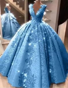 Robe de bal bleue Quinceanera, col en V, avec des Appliques en dentelle, robes de bal pour filles de 15 ans, Corset au dos