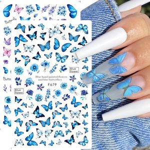 Pegatinas 3D para uñas de mariposa azul, hojas de flores, deslizadores de transferencia autoadhesivos, envolturas, láminas para manicura, decoraciones DIY