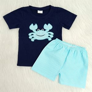 Blue Crab Pattern Boys Brodery Summer tenue garçons raglan Shirt Match Seersucker Shorts 2 pièces Set Clothing Kids 240323