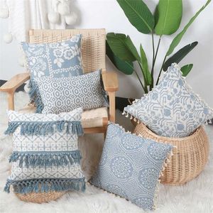 Cojín de borla con estampado de flores azules, funda de almohada de ganchillo de algodón, almohadas decorativas para sofá, respaldo lumbar, muebles para el hogar 211203