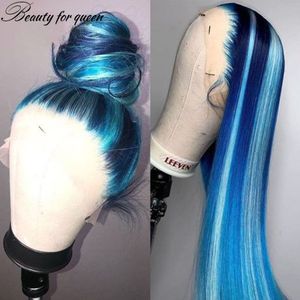 Perruque de cheveux humains bleus avec stries bleu clair colorées droites surlignées perruques avant en dentelle transparente pour les femmes noires synthétiques résistantes à la chaleur