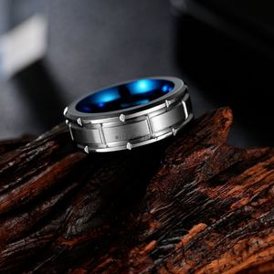 Bleu intérieur carré sculpter anneau bande doigt 8mm en acier tungstène hommes Hip Hop bijoux Punk carbure de tungstène anneaux volonté et sable