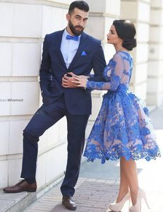 Royal Blue Lace Long Sleeve Short Prom Dresses 2016 Applique Saudi Arabia Dubai Formal Party Graduation Dress robe de soirée vestidos