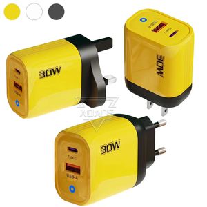 Luz Azul 30W acuerdo completo PD + cargador USB 2 puertos duales adaptadores de pared amarillo ámbar teléfono adaptado para iphone Samsung teléfono inteligente