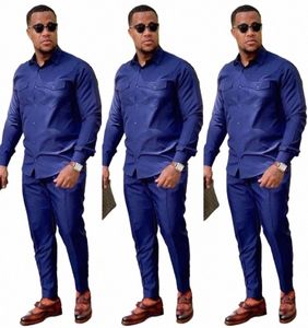 Costume de luxe pour hommes bleu Lg manches Blazer pantalon manteau portant grande poche vêtements d'été sur mesure Safari veste 2pcs manteau pantalon m6lH #