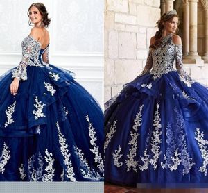 Bleu marine Quinceanera robes manches longues poète licou dos nu à lacets appliqué fête d'anniversaire bal robe de bal sur mesure