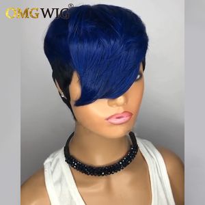 Bleu Ombre Ondulés Couleur Courte Droite Bob Pixie Cut Perruque Sans Colle Aucun Full Lace Remy Perruques de Cheveux Humains En Gros Pour Les Femmes Noires