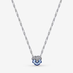 Collier avec pendentif fleur de pensée bleue pour Pandora, bijoux de fête de mariage en argent sterling véritable pour femmes, cadeau de petite amie, colliers de chaîne avec boîte d'origine