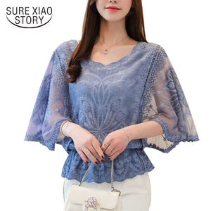 Azul rosa blanco sólido manga corta blusa de gasa verano algodón borde encaje blusa mariposa flor mujer camisa tops coreanos 210527