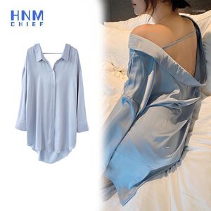 Azul Sexy Backless Sleepshirts Botón de mujer vestido de lencería vestido de manga larga Bobina Robe Femme Seda Satin Sleepwear1