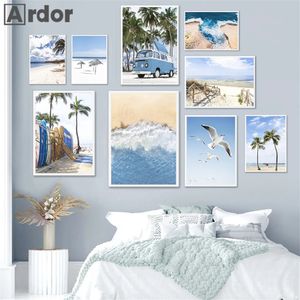 Póster de cielo azul para coche, océano, palmera, playa, tabla de surf, pintura en lienzo, arte de pared, impresión de gaviota, cuadros de pared nórdicos, dormitorio de niña, decoración para sala de estar, sin marco Wo6