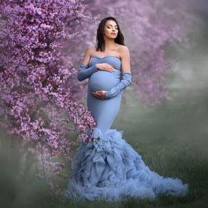 Vestido de maternidad de sirena con escote corazón azul Volantes Tren Vestidos de baile con mangas extraíbles Batas de fiesta para sesión de fotos