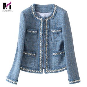 Chaqueta de tweed azul abrigo otoño mujer rebordear manga larga lana con flecos borlas perla bolsillo chaqueta de pista T200831